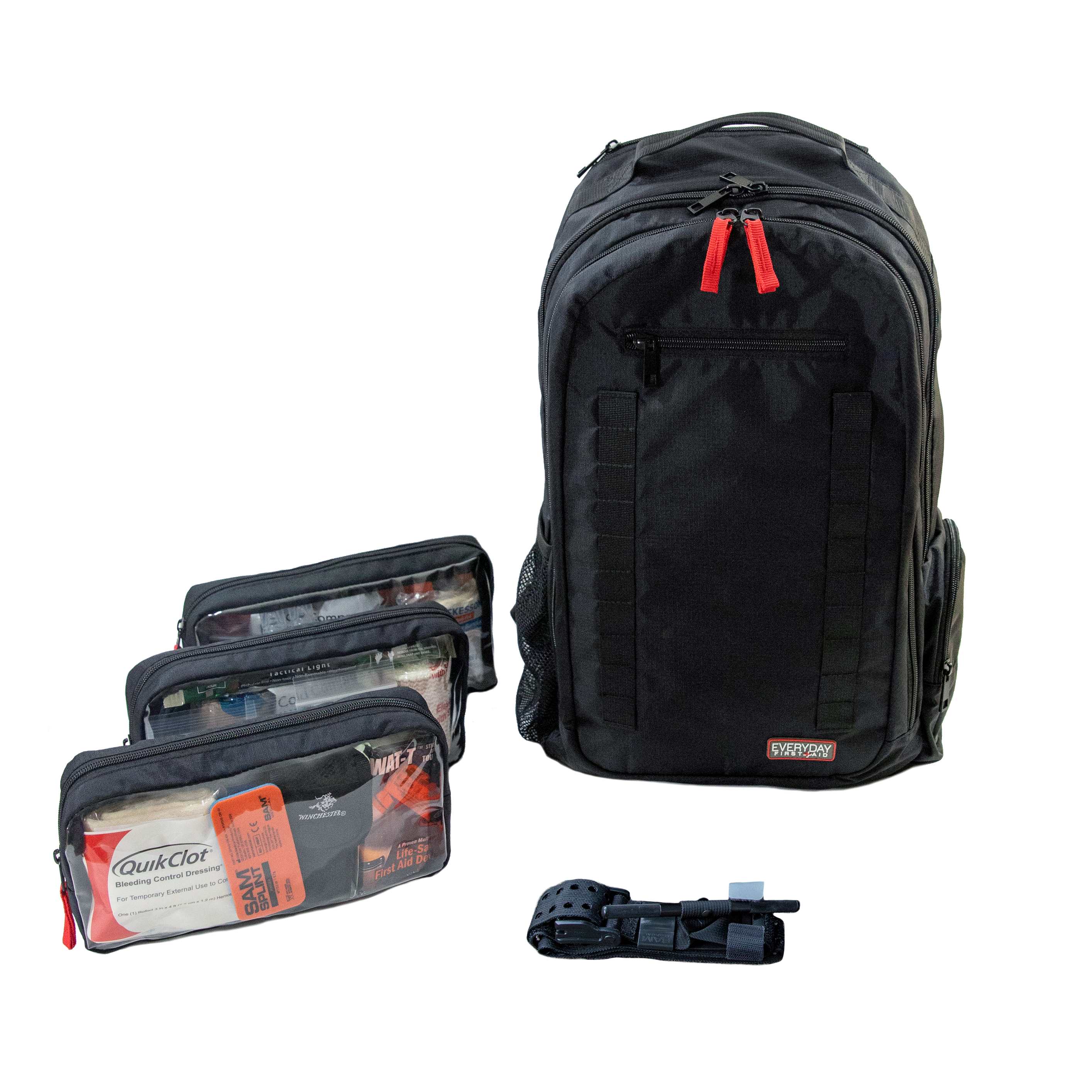 Advanced first aid kit backpack with tourniquet with pouches out