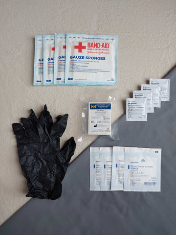 First aid kit dressing refill pack with gauze and nitrile gloves