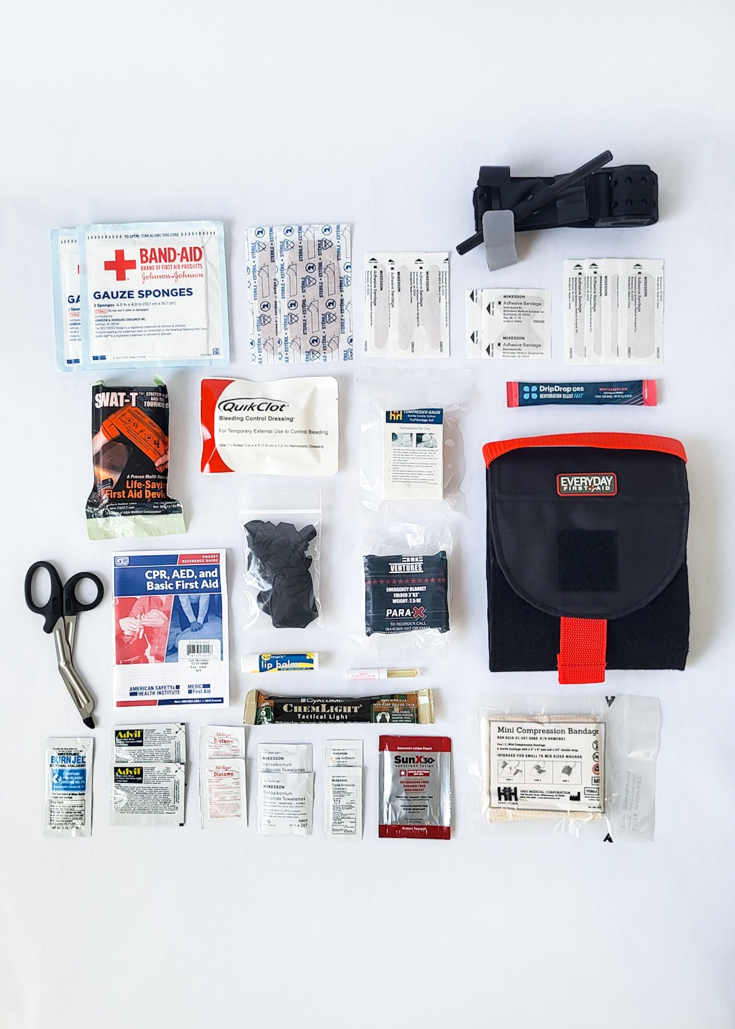 Motorcycle first aid kit with SAM XT tourniquet contents